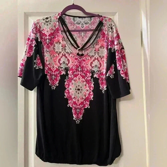 XL JM COLLECTION PINK AND BLACK BOHO BLOUSE (brand tag cut out) - Picture 1 of 6